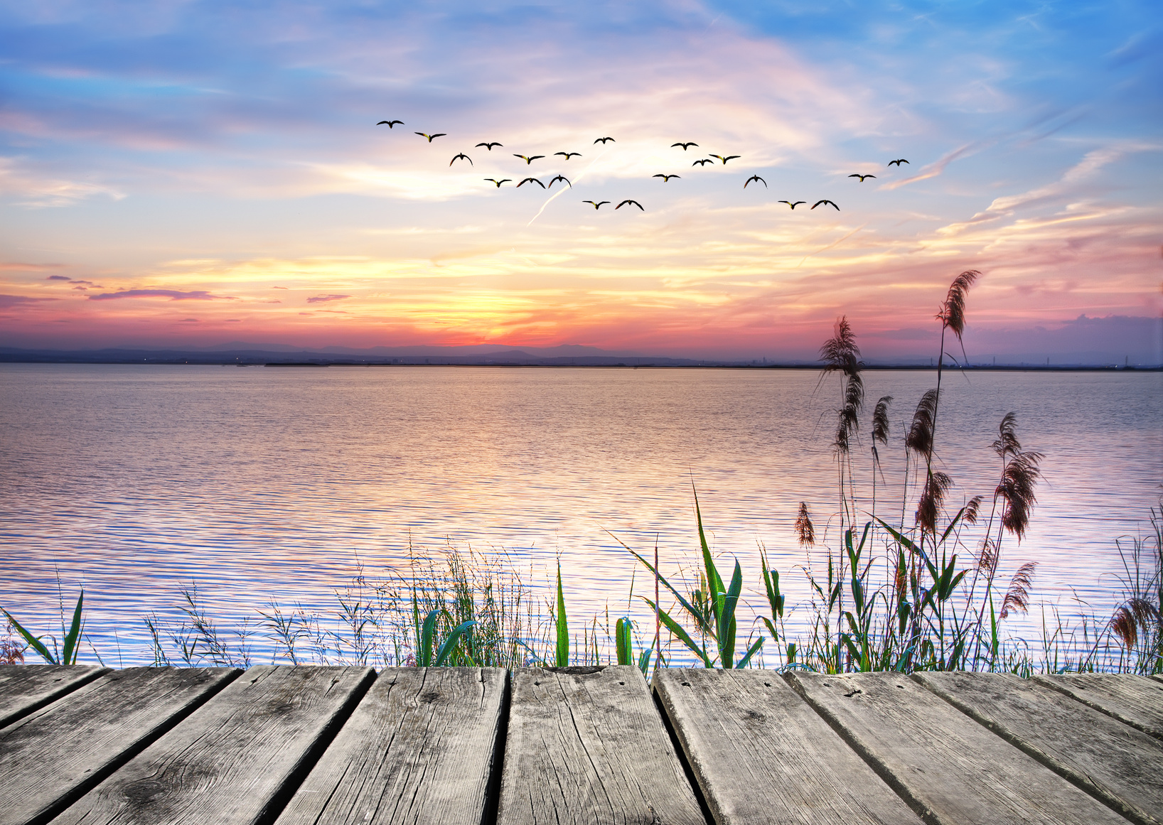 Birds flying in the sky at sunset over a lake, with a wood deck in the foreground, illustrating that Traditional Chinese Medicine can improve your mental and physical health.