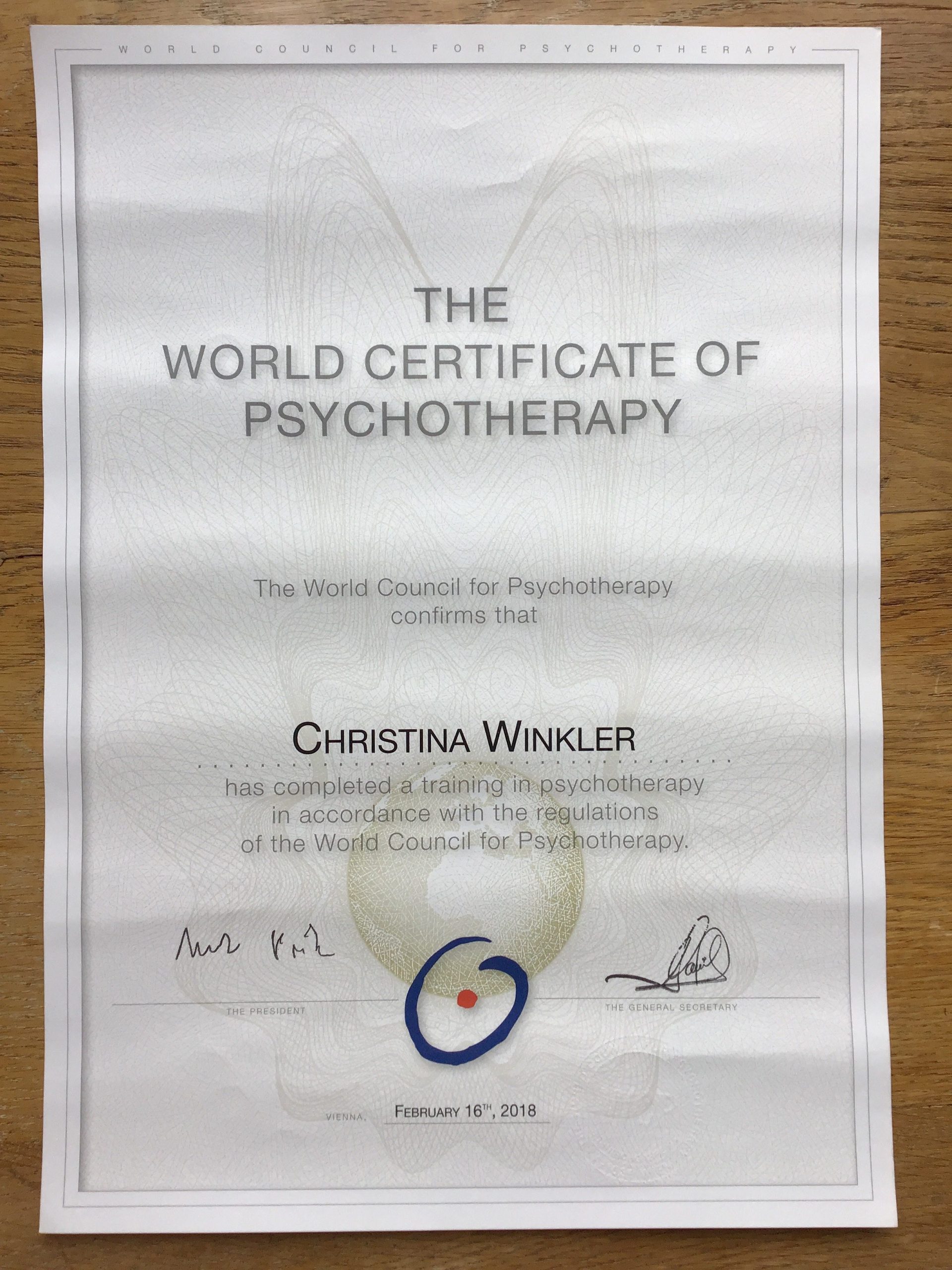 Christina Winkler's certificate of psychotherapy from the World Council for Psychotherapy.